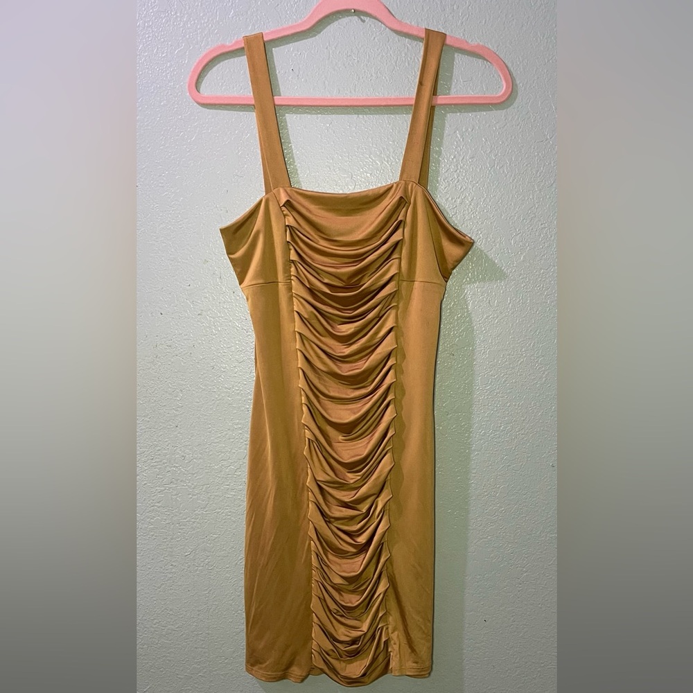 Mystic One Shoulder Tan Dress with Ruched Detail